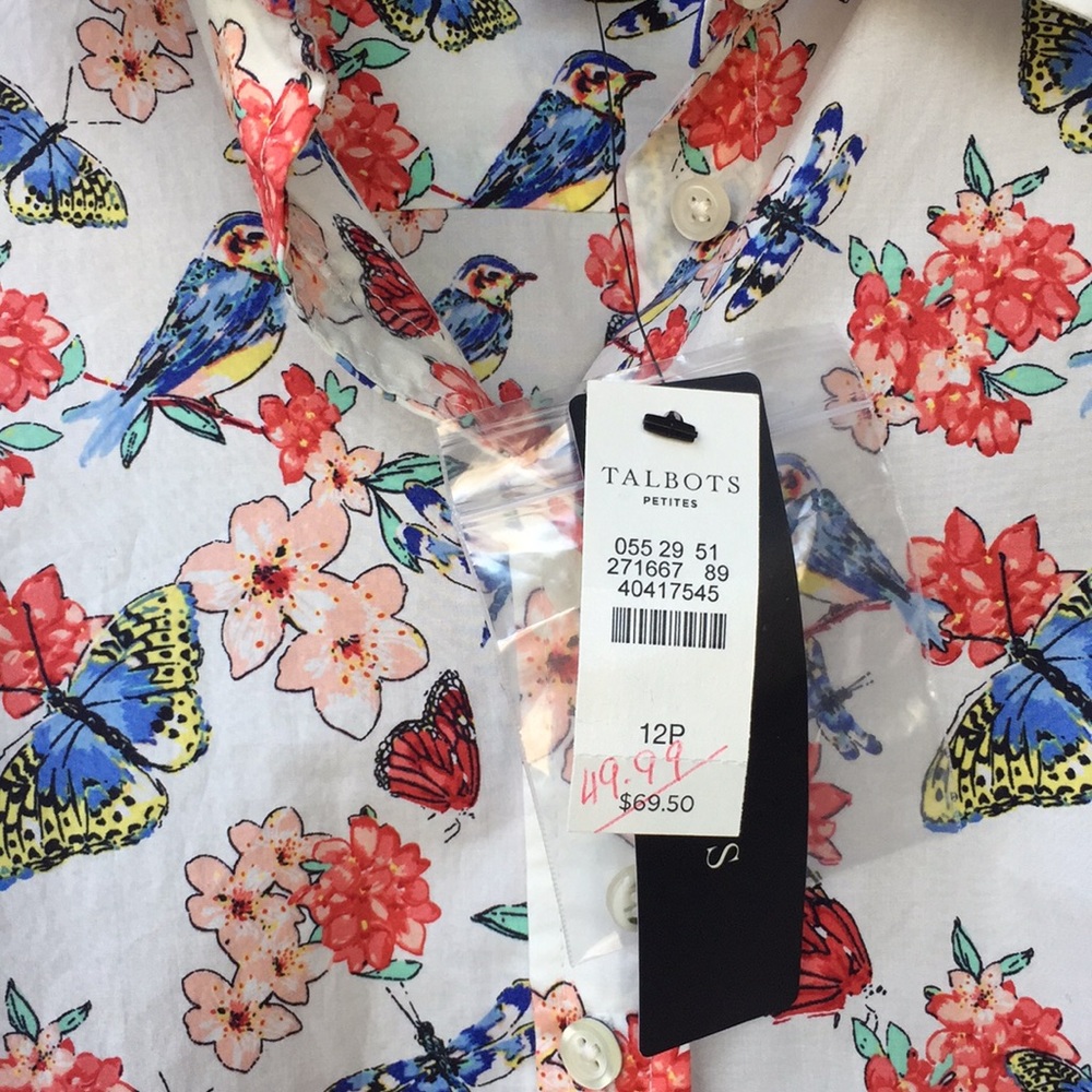 Talbots Floral Bird Print Button Up Blouse Long Sleeve Size PL - Picture 5 of 7